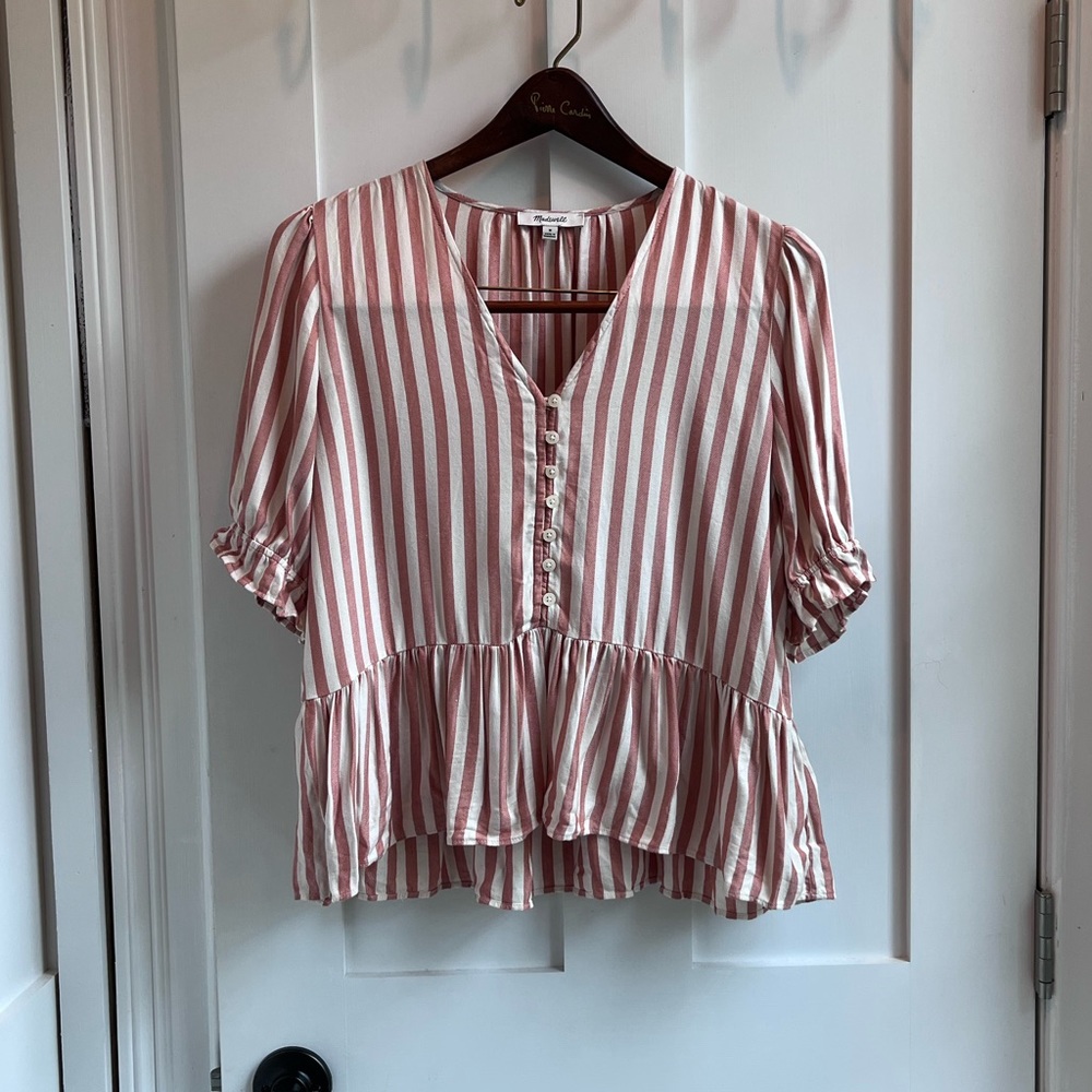 Madewell Pink & White Striped Blouse with Ruffle Hem & Buttons Size M